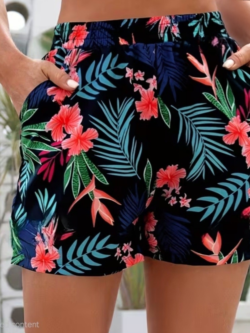 Tropical Floral Drawstring Women’s Shorts - Black with Coral & Teal